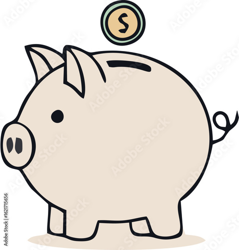 A simple illustration of a piggy bank receiving a coin, symbolizing financial savings, investment, and wealth management