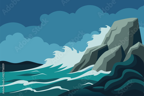 waves crashing on rocky shore with dramatic lighti.eps