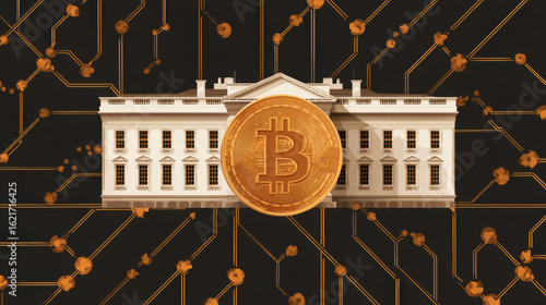  digital representation of the White House with a Bitcoin symbol, highlighting the intersection of politics and cryptocurrency technology.