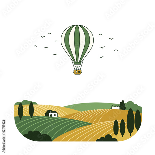 A hot air balloon gracefully floats above rolling, sun-drenched agricultural fields dotted with small houses and trees, with birds soaring in the sky.