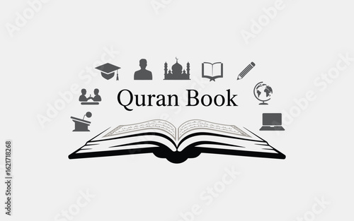 Islamic Education Symbols And Open Quran Book learning