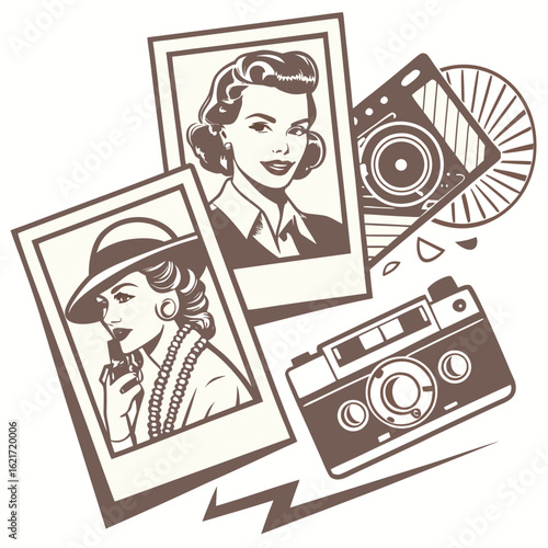 Vintage women portraits and cameras retro style illustration