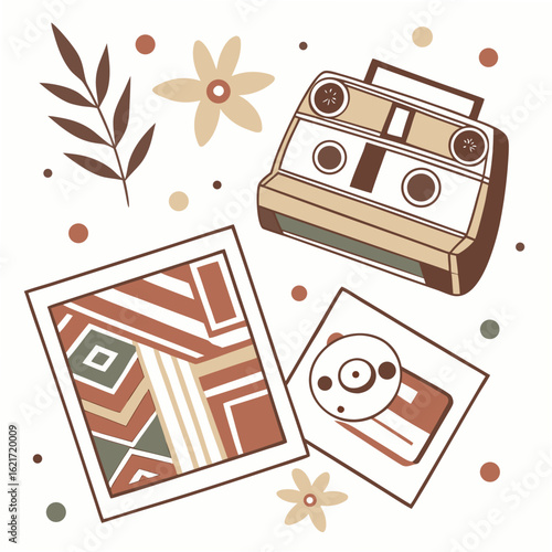 Retro cassette tape and photo memories with floral accents