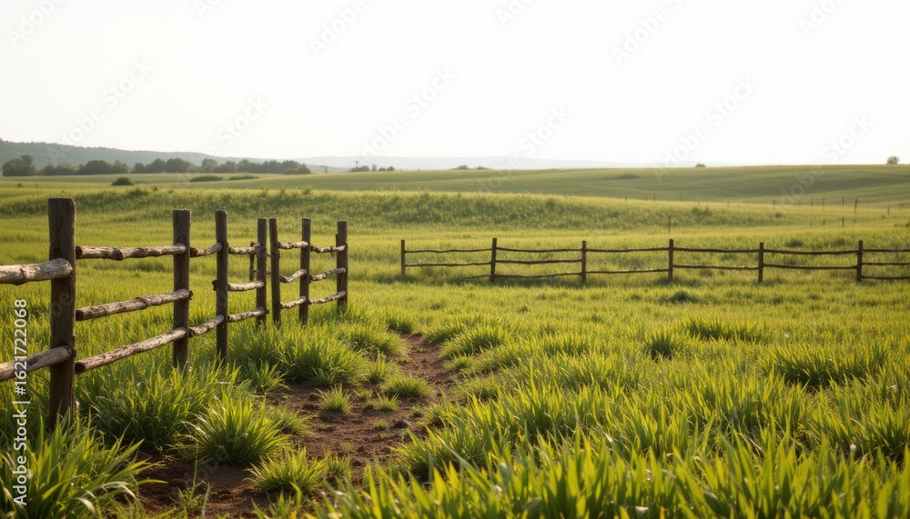 Obraz premium Rustic Fence in Rolling Green Pasture