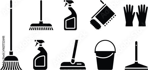 Cleaning Supplies and Tools Icons broom