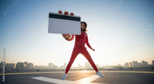 Energetic young woman in tracksuit holding blank credit card while jumping on rooftop with cityscape against blue sky at sunset, promoting financial independence