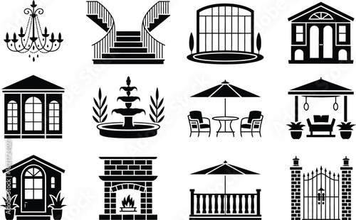 Architectural elements and outdoor living icons Keywords: chandelier, staircase, conservatory