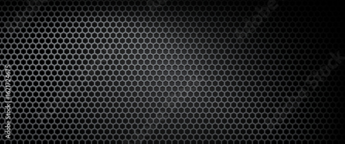 Seamless dark hexagonal grid vector background with metallic texture and subtle gradient lighting, perfect for tech, industrial, or futuristic design themes.