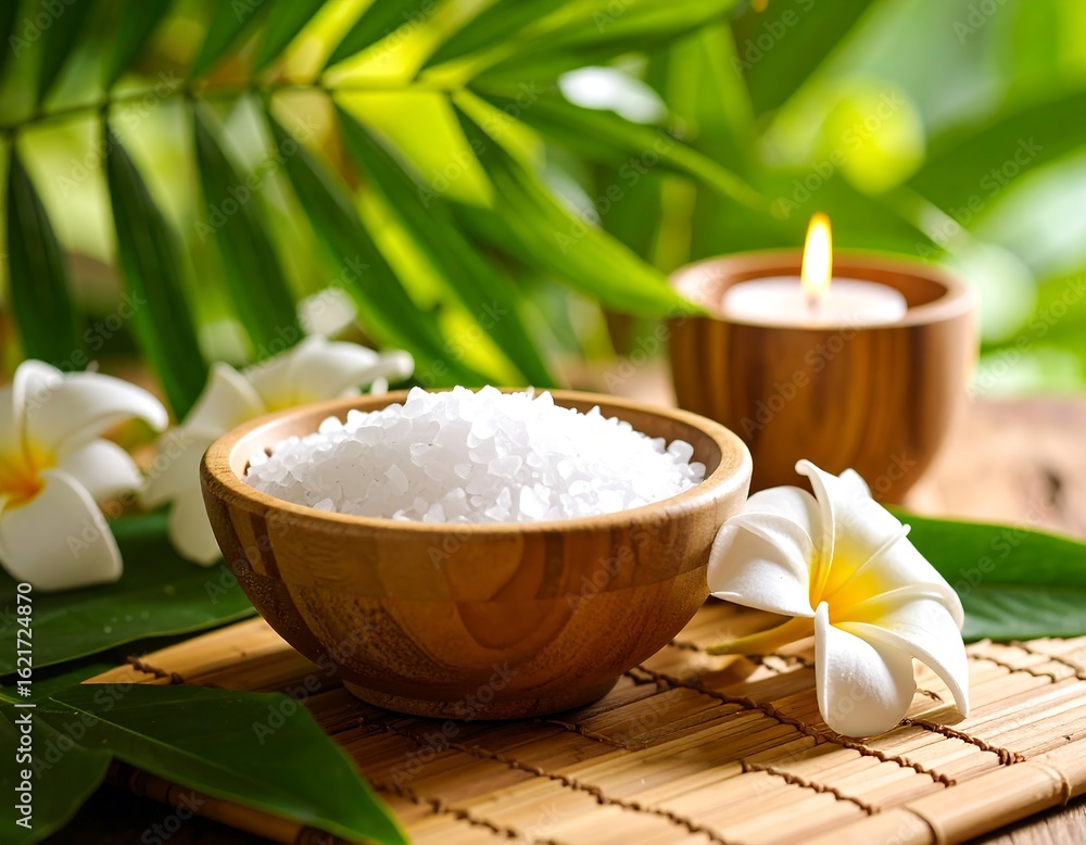 Spa setting with salt, flowers, and candles Spa setting with salt, flowers, and candles