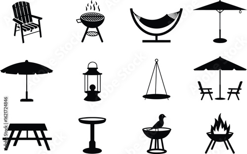 Backyard barbecue and patio furniture icons adirondack chair