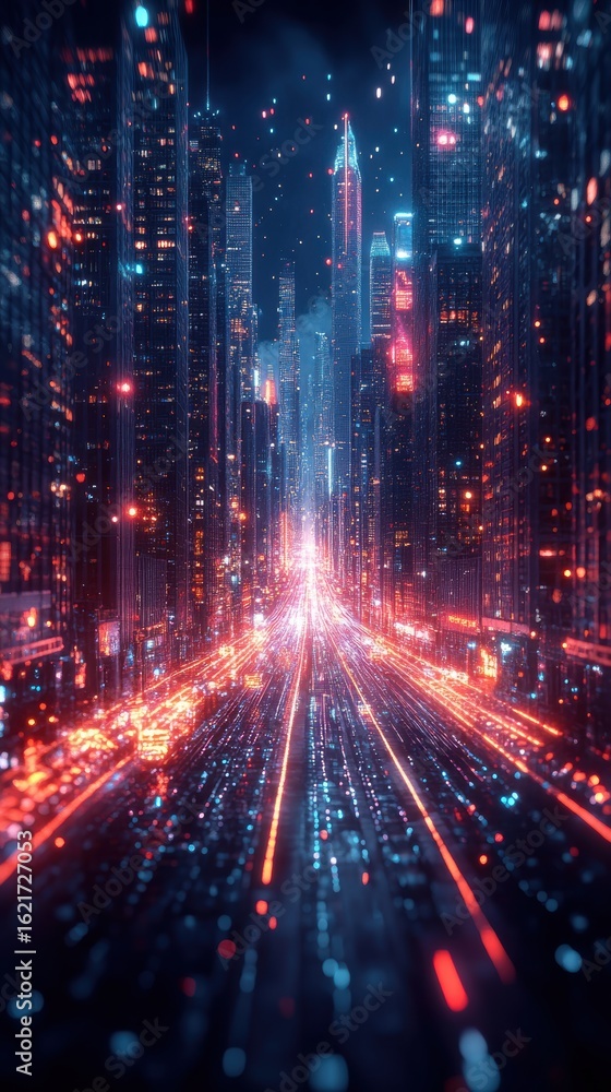Fototapeta premium Futuristic city street at night, illuminated by glowing lights.