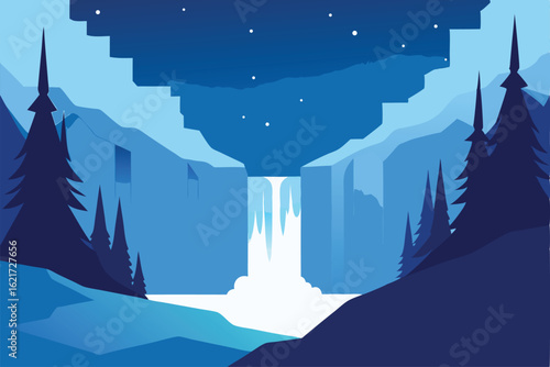 frozen waterfall surrounded by icy trees and snow .eps