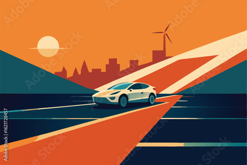 modern electric car driving toward solar farms   (1).eps