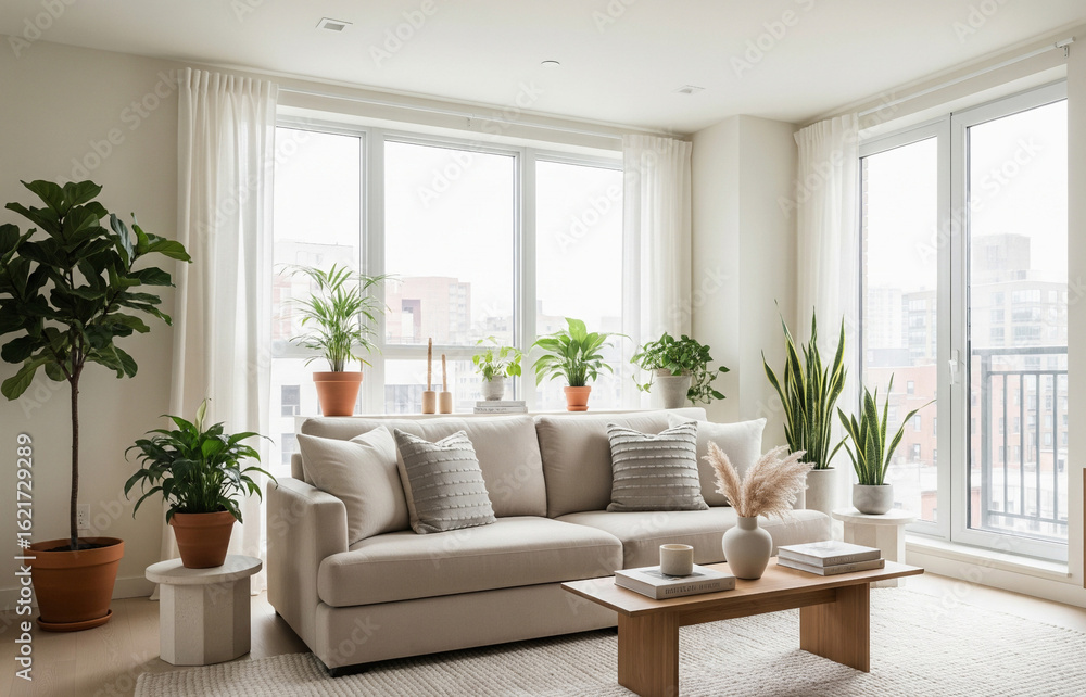 Fototapeta premium A stylish modern minimalist living room interior featuring a beige couch, lush indoor plants, and large windows that allow abundant natural light to flood the space. The room is decorated in soft, 