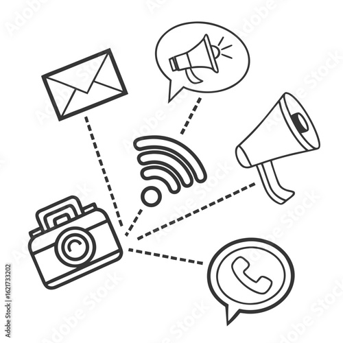 Digital communication and marketing icons connected by dashed lines and wi fi symbol