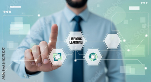 Man pointing at lifelong learning hexagon in digital interface with tie and light blue shirt