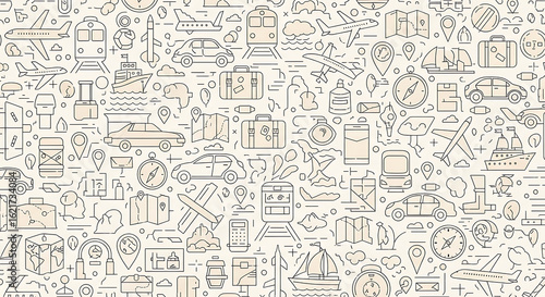 Seamless pattern of travel and transport icons in a minimalist beige and black line art style.