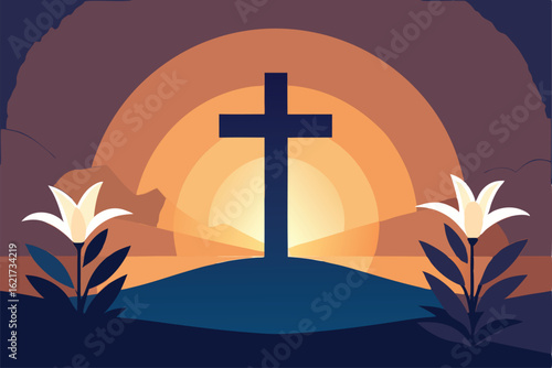 religious easter background with cross  lilies  an.eps