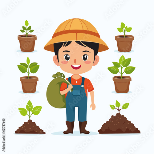 Cartoon farmer boy character kit showing the stages of plant growth. Vector illustration of a child gardening, from planting seeds to growing saplings.