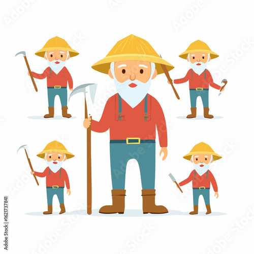 Vector character set of an old farmer with a white beard and conical hat, holding a hoe and sickle in various animation poses.