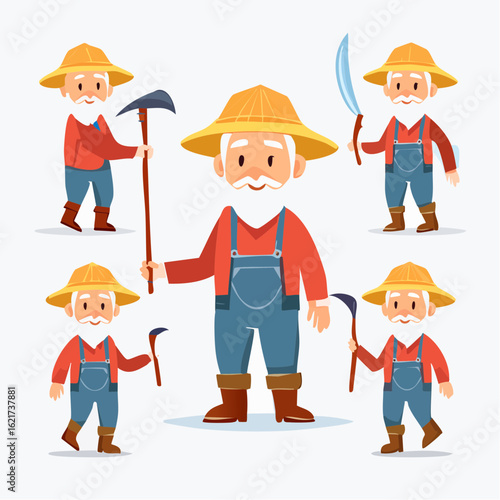 Elderly farmer character set illustration. An old man with a white beard, wearing a straw hat and overalls, holding various agricultural tools like a sickle and hoe.