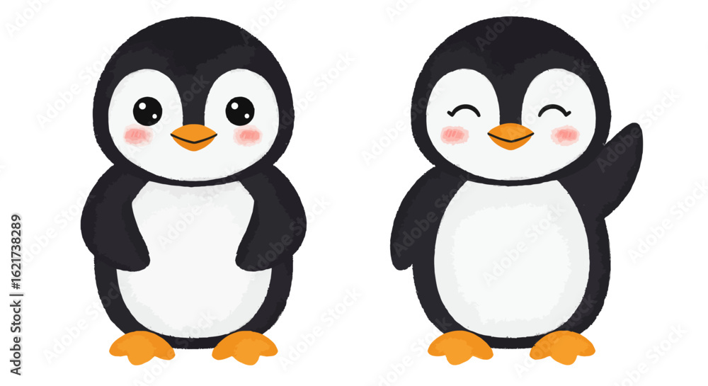 Fototapeta premium Adorable cartoon penguins waving and smiling with cute chubby bodies and big expressive eyes in a friendly greeting illustration perfect for children's books and playful designs