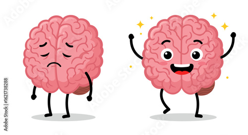 Cartoon illustration of two brains one sad and looking down the other happy and excited with its arms in the air showcasing a transformation from despair to joy
