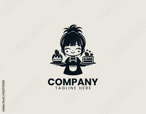 A cheerful young girl apron happily presenting two plates of sweet treats