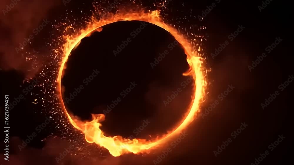 Fiery ring animation with sparks and smoke on a dark background, excellent for intro videos