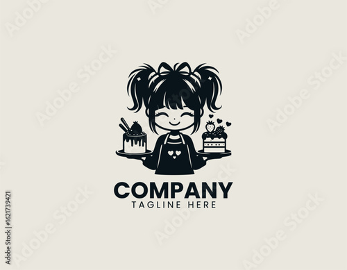 A cheerful young girl apron happily presenting two plates of sweet treats