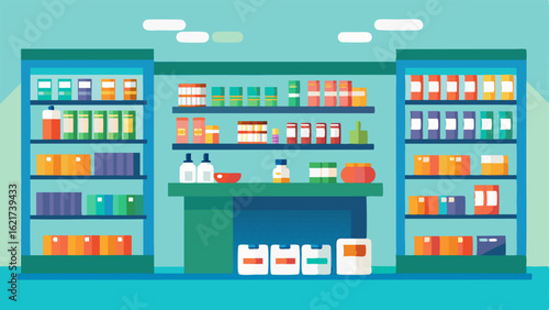 A spacious and welllit pharmacy with shelves stocked with various medications.