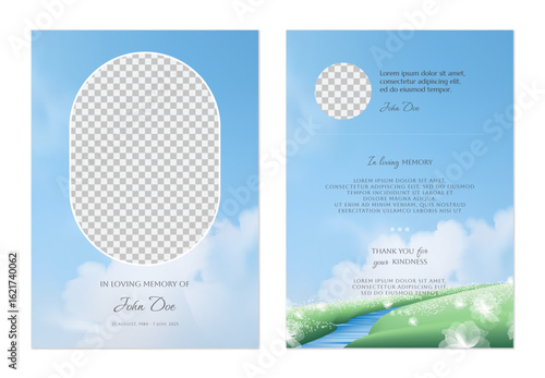 Floral memorial card template, featuring landscape with a stream and green fields under a bright blue sky