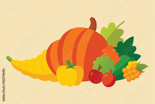 cornucopias overflowing with harvest produce  .eps