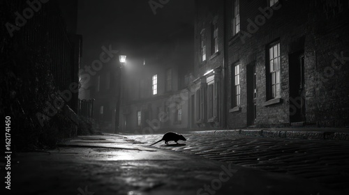 A rat scurries across a dimly lit, wet cobblestone street in a monochrome cityscape