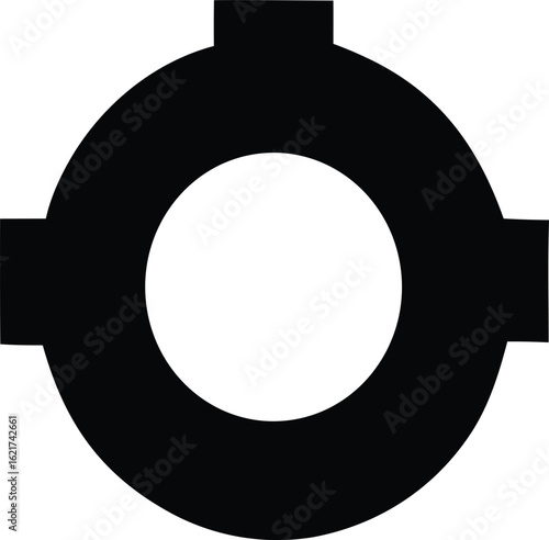 Black circular target symbol with four protruding tabs. Abstract geometric icon design.