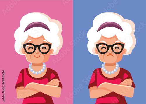 Happy Versus Sad Granny Experience Mood Swings Vector Character. Elderly woman changing her state of mind in two different instances 
