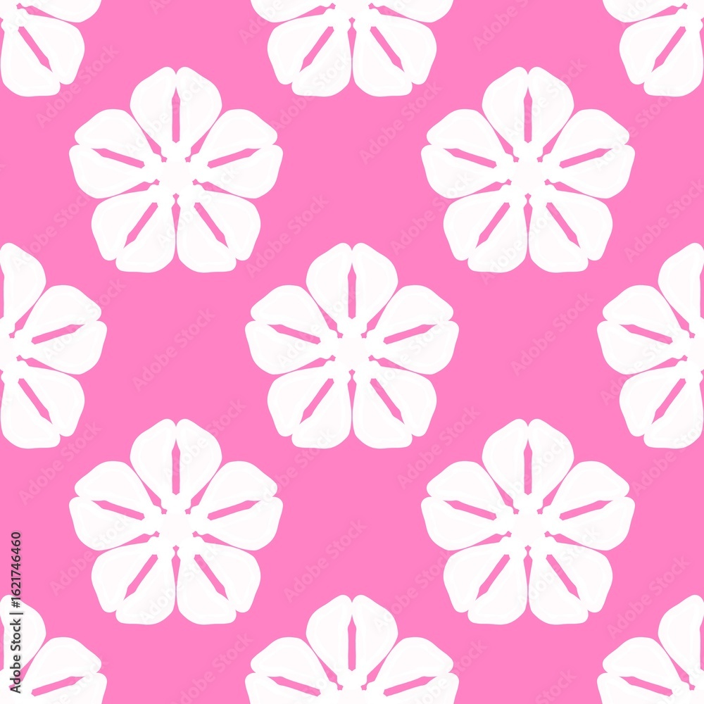 Fototapeta premium Seamless white floral pattern on pink background, ideal for textile, decor, or digital design projects.