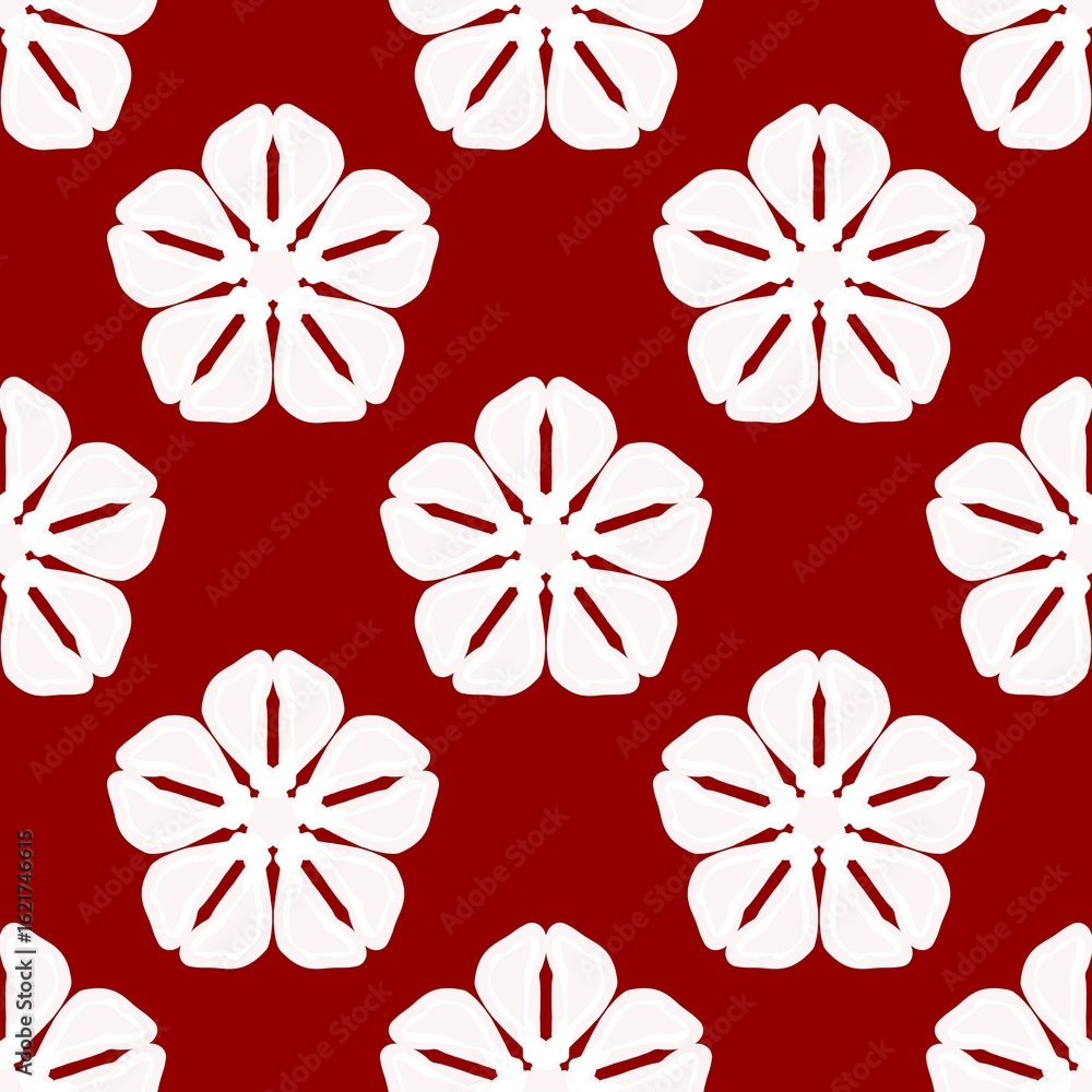 Fototapeta premium Seamless white floral pattern on maroon background, ideal for textile, decor, or digital design projects.