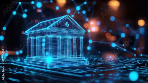 Glowing wireframe representation of a modern digital banking or financial institution building symbolizing technological innovation and automation in the financial sector