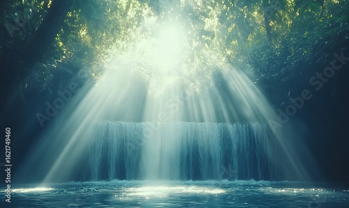 Waterfall in a lush green forest, sunlight streaming through the canopy.