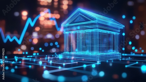 Glowing neon digital banking and finance building with abstract data analytics charts and graphs representing the technological innovation and digital transformation in the financial industry