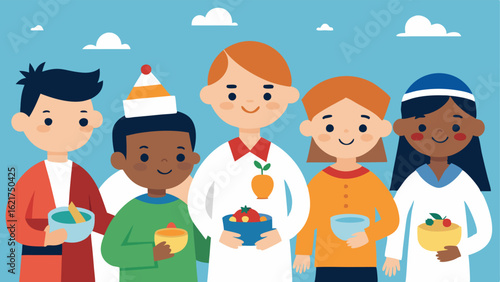 Celebrating Diversity A festive event in the school where children are showcasing their cultures wearing traditional clothes and sharing food illustrating the importance of