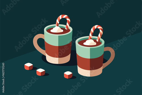 hot cocoa mugs with marshmallows and candy canes  .eps