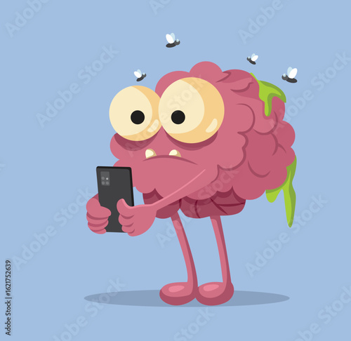 Brain Suffering from Brainrot Doomscrolling on Smartphone Vector. mind feeling fatigues suffering cognitive  decline from scrolling on social medial endlessly 

