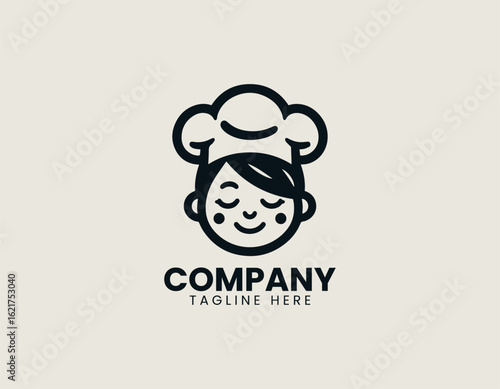A cheerful young female chef with a tall white hat smiling happily
