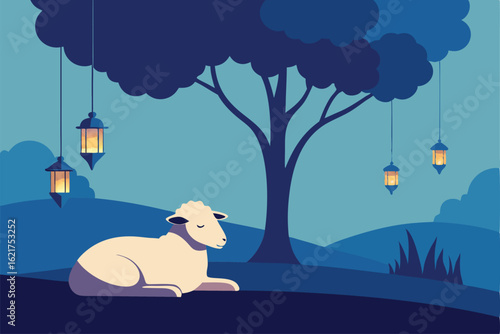sheep resting under a tree with hanging lanterns   (1).eps