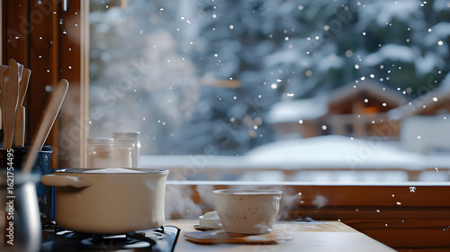 Cozy winter kitchen with snowy mountain view