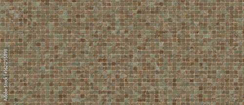 Mosaic of Brown and Green Wooden Tiles with Faded Joints	
