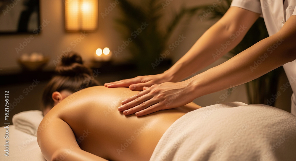 Obraz premium Woman receiving relaxing back massage in calming spa environment for wellness and holistic health