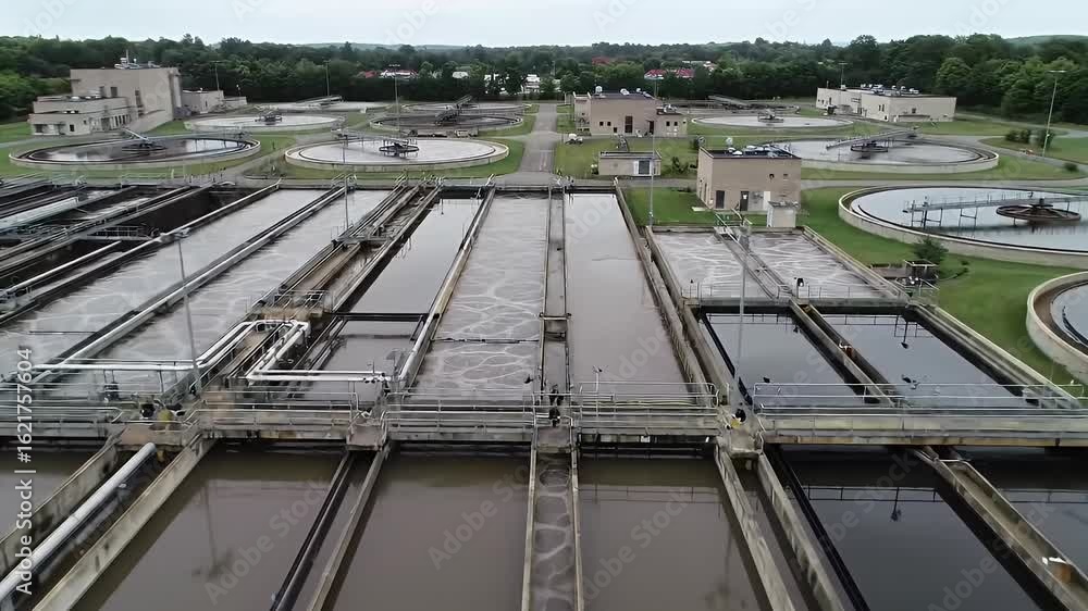 Aerial View of a Modern Wastewater Treatment Facility Featuring Rectangular Sedimentation Tanks Filled with Brown and Gray Processed Water With Cream Buildings and Lush Green Trees Conveying Aerial View of a Modern Wastewater Treatment Facility Featuring Rectangular Sedimentation Tanks Filled with Brown and Gray Processed Water With Cream Buildings and Lush Green Trees Conveying